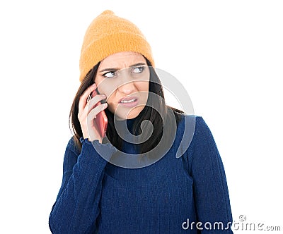 Grumpy woman talks on the phone, isolated on white background. Nuisance and smartphone Stock Photo