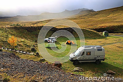 GRUNDARFJORDUR, ICELAND, 14 SEPTEMBER, 2019: Camper in the camping of Grundarfjordur campsite Editorial Stock Photo