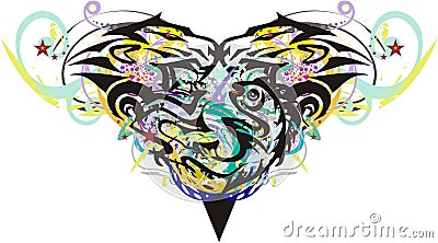 Grunge abstract heart with fish and lion elements Vector Illustration