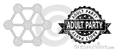 Grunge Adult Party Ribbon Stamp and Mesh Network Node Connections Vector Illustration
