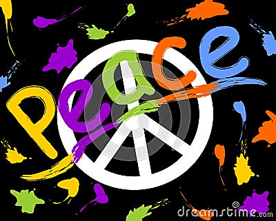 Grunge anti war flyer with anti war symbol in hippies retro style. Rainbow inscription peace and colorful spray splashes Vector Illustration