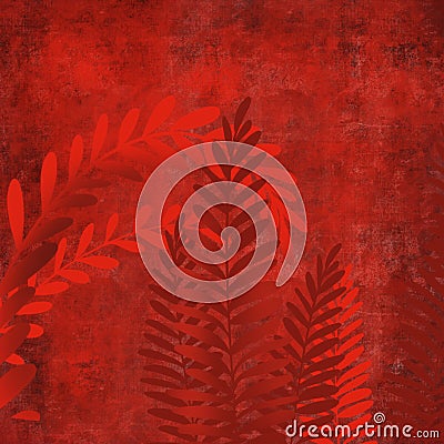 Hand drawn fern art dyed grunge background with Japanese ink antiqued style background in deep red dark edge Stock Photo