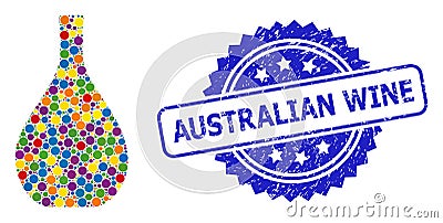 Grunge Australian Wine Stamp and Multicolored Collage Glass Jug Vector Illustration