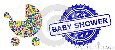 Grunge Baby Shower Seal and Dotted Color Baby Carriage Collage Vector Illustration