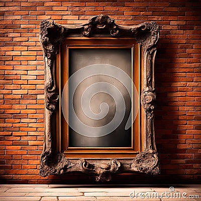 Grunge background with the texture of old brick wall with an empty carved frame from a mirror or painting, creating space for text Stock Photo