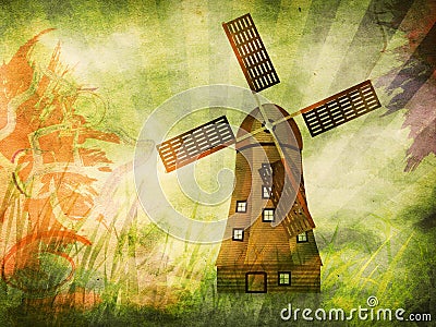 Grunge background with windmill Cartoon Illustration