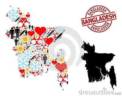 Grunge Bangladesh Badge and Spring People Vaccine Collage Map of Bangladesh Vector Illustration