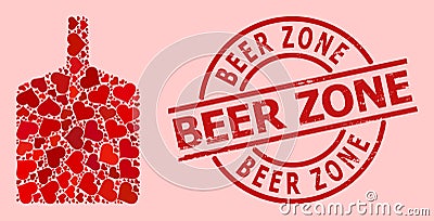 Scratched Beer Zone Badge and Red Love Heart Wide Bottle Collage Vector Illustration