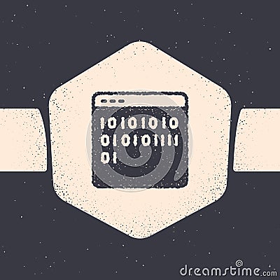 Grunge Binary code icon isolated on grey background. Monochrome vintage drawing. Vector Vector Illustration