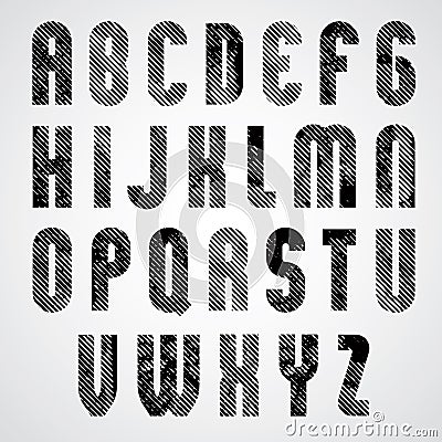Grunge black grated upper case letters, mystique font on white b Vector Illustration