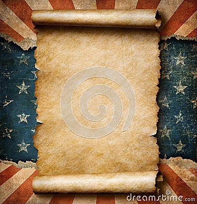 Grunge blank paper scroll over USA flag independence day template 3d illustration Stock Photo