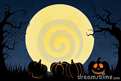 Grunge blue Halloween background with pumpkins and trees Stock Photo