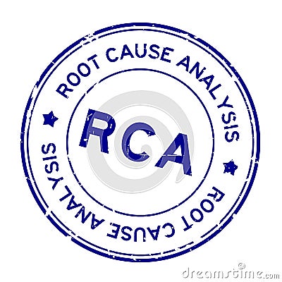 Grunge blue RCA root cause analysis round rubber seal stamp on white background Vector Illustration