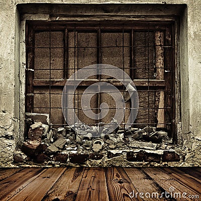 Grunge boarded up window and wooden floor Stock Photo