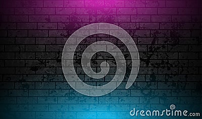 Grunge brick wall with blue purple neon illumination abstract background Vector Illustration