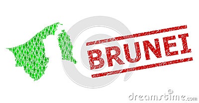Grunge Brunei Watermark and Green Customers and Dollar Mosaic Map of Brunei Vector Illustration