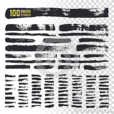 Grunge brush black watercolor strokes with textured edges. 100 rough ink freehand art brushes vector collection Vector Illustration