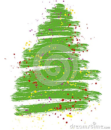Grunge brush drawing of Christmas tree. Beautiful doodle spruce with color paint blots. Vector illustration Vector Illustration