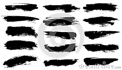 Grunge brushes. Black paint strokes, ink paintbrush texture. Brushstroke stain grungy drawing frame borders, isolated Vector Illustration