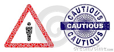 Grunge Cautious Seal and Geometric Human Warning Mosaic Vector Illustration