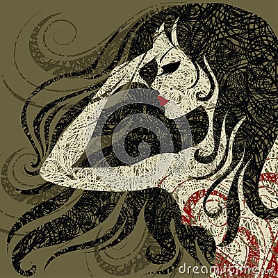 Grunge closeup portrait - girl with beautiful hair Vector Illustration