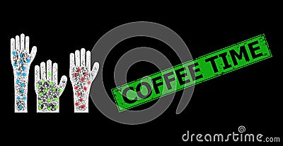 Grunge Coffee Time Badge and Network Voting Hands Web Mesh with Bright Flares Vector Illustration