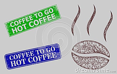 Grunge Coffee to Go Hot Coffee Stamp Seals and Network Coffee Vapor Web Mesh Vector Illustration