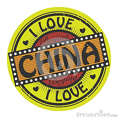 Grunge color stamp with text I Love China inside Vector Illustration