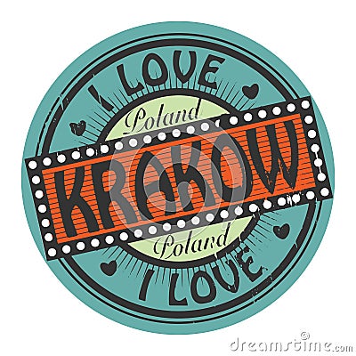 Grunge color stamp with text I Love Krakow inside Vector Illustration