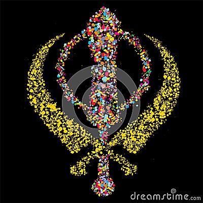 Grunge colorful Khanda,sikh religious symbol Cartoon Illustration