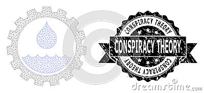 Grunge Conspiracy Theory Ribbon Seal Stamp and Mesh Wireframe Water Service Vector Illustration