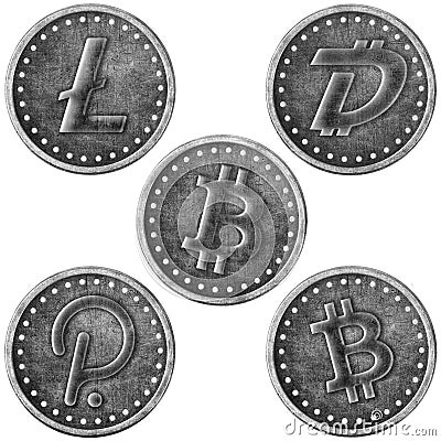 Grunge Crypto Silver Coin, Token Set - BTC, BTC Cash, DGB, DOT, LTC Stock Photo