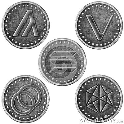 Grunge Crypto Silver Coin, Token Set - SOL, ALGO, Celo, ALBT, VET Stock Photo