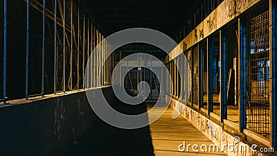 Grunge Dark Dirty Street with wired fence and yellow city lights leaking through sides with night light Stock Photo