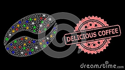 Grunge Delicious Coffee Stamp Seal and Mesh Cacao Bean with Flash Nodes Vector Illustration