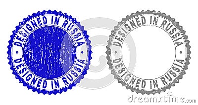 Grunge DESIGNED IN RUSSIA Textured Stamps Vector Illustration