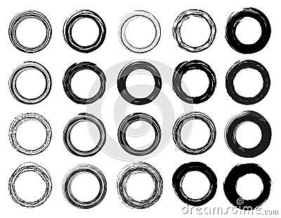 Grunge distressed circle set collection. Circles Frame border brush stroke style. Black lines in circle form, grungy texture Vector Illustration