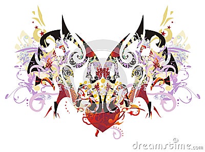 Grunge double wolf heads with red heart Vector Illustration
