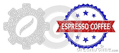 Grunge Espresso Coffee Round Rosette Bicolor Badge and Mesh Carcass Coffee Industry Vector Illustration