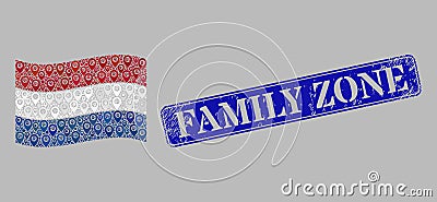 Grunge Family Zone Stamp and Guide Waving Netherlands Flag - Collage with Cursor Items Vector Illustration