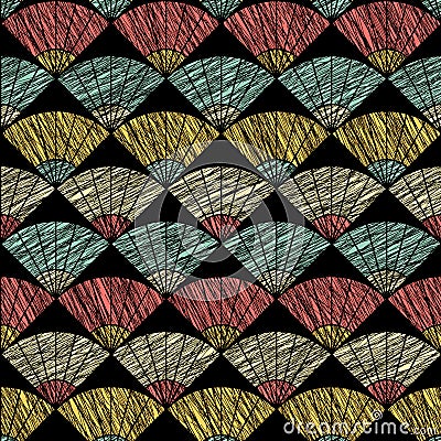Grunge fan pattern. Based on Traditional Japanese Embroidery. Abstract Seamless pattern. Vector Illustration