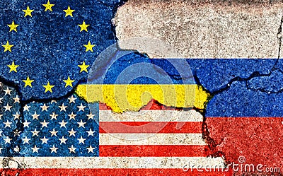 Grunge flags illustration of 4 countries cracked concrete background | Russo-Ukrainian War Cartoon Illustration
