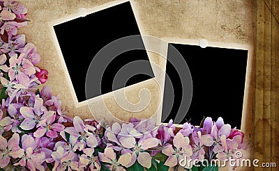 Grunge Floral Background with Blank Photos Cartoon Illustration