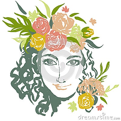 Grunge floral girl portrait with hand drawn Stock Photo