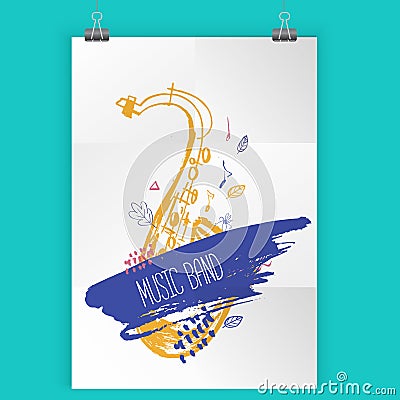 Grunge freehand Jazz Music poster. Hand drawn illustration with brush strokes for festival placard and flyer, concert Vector Illustration