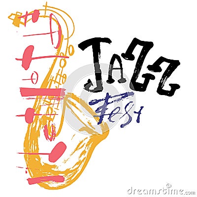 Grunge freehand Jazz Music poster with saxophone. Hand drawn illustration with brush strokes for festival placard and Vector Illustration