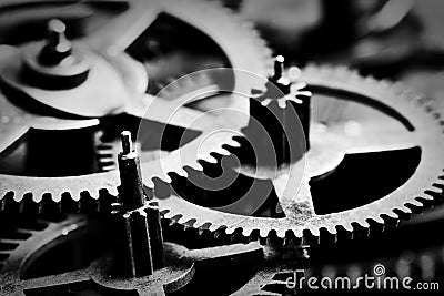 Grunge gear, cog wheels black and white background. Industrial, science Stock Photo