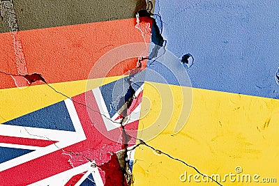 Grunge Germany, UK (Great Britain), Ukraine national flag isolated on broken wall background Stock Photo