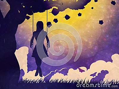 Grunge girl on swing silhouette at night Stock Photo