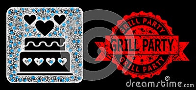 Grunge Grill Party Stamp Seal and Bright Web Net Marriage Cake with Light Spots Vector Illustration